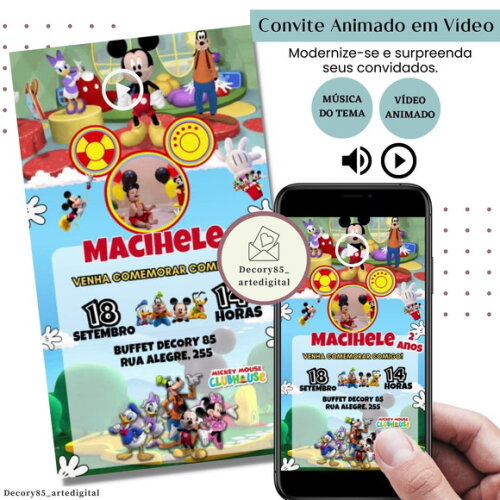 Convite em Vídeo Turma do Mickey Animado com Música Digital