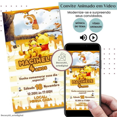 Convite em Vídeo Ursinho Pooh Puff Animado Música Digital