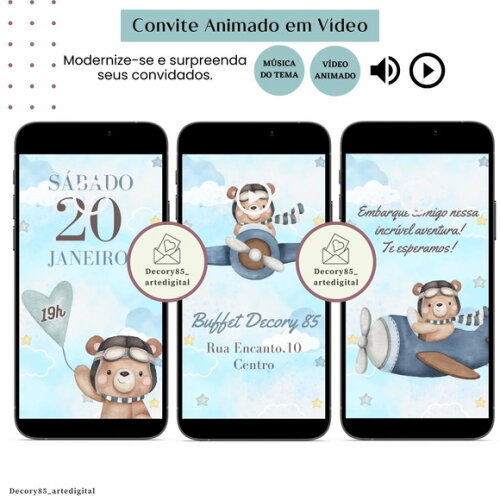 Convite em Vídeo Ursinho Balão Animado com Música Digital