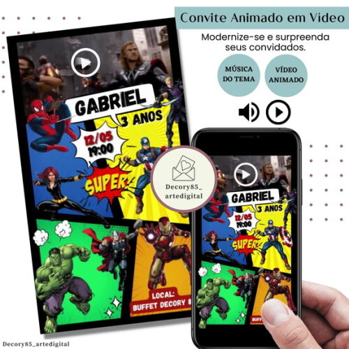 Convite em Vídeo Vingadores Avengers Animado Música Digital