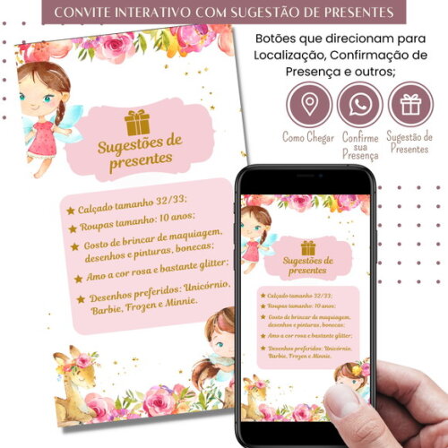 Convite Fadas Digital Interativo Sugestão de Presente