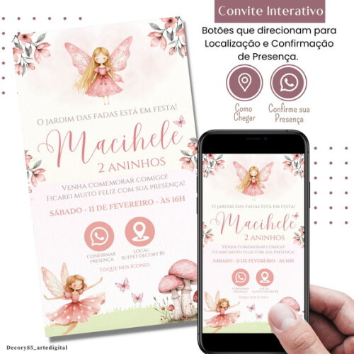 Convite Fadas Rosa Jardim Encantado Digital Interativo