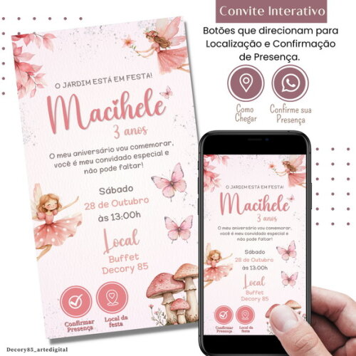 Convite Fadas Rosa Jardim Encantado Digital Interativo