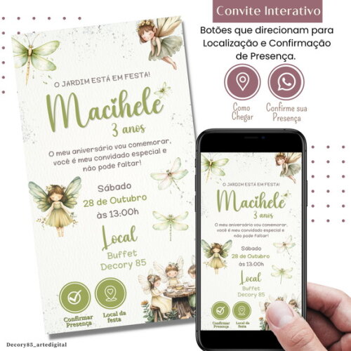 Convite Fadas Verde Jardim Encantado Digital Interativo