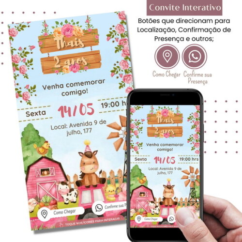 Convite Fazendinha Bichinhos Digital Interativo Menina