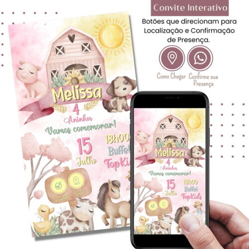 Convite Fazendinha Aquarela Digital Interativo Menina