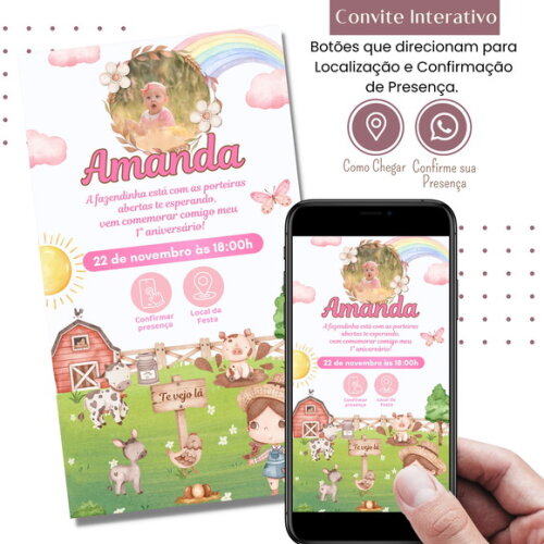 Convite Fazendinha Aquarela Digital Interativo Rosa