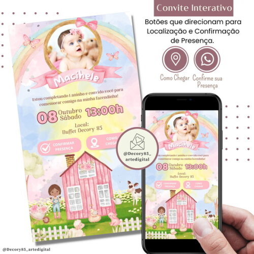 Convite Fazendinha Aquarela Digital Interativo Rosa