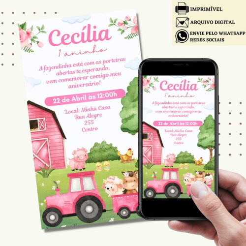Convite Fazendinha Bichinhos Digital Virtual Menina