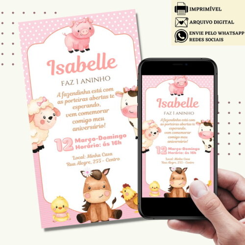 Convite Fazendinha Bichinhos Digital Virtual Menina