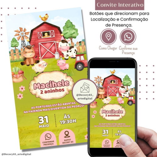 Convite Fazendinha Menina Bichinhos Digital Interativo