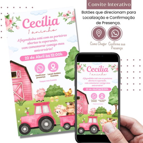 Convite Fazendinha Menina Bichinhos Digital Interativo