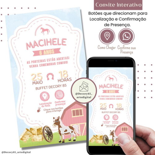 Convite Fazendinha Rosa Bichinhos Digital Interativo