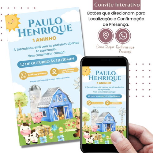 Convite Fazendinha Menino Digital Interativo Virtual