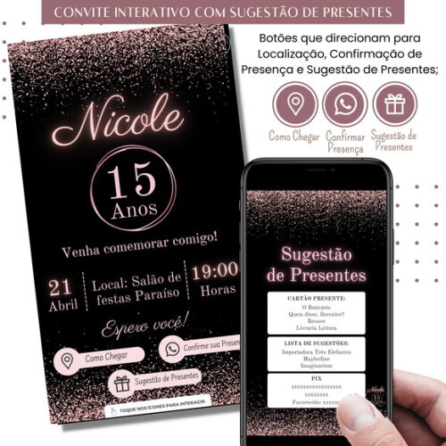 Convite Feminino Rosa 15 Anos Digital Sugestão de Presente