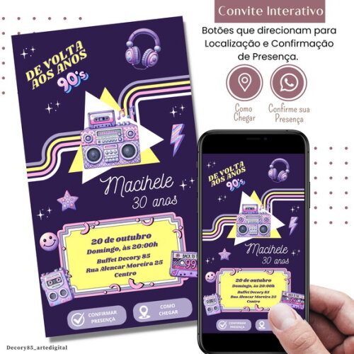 Convite Festa Anos 90 80 Flashback Interativo Digital