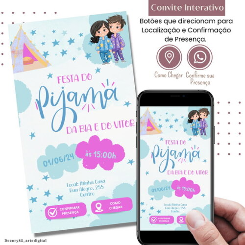 Convite Festa do Pijama Digital Interativo Virtual