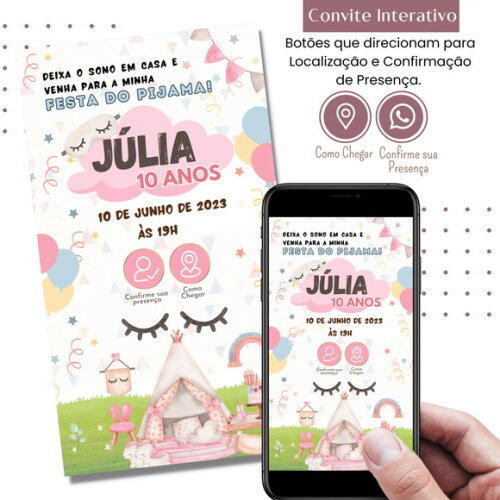 Convite Festa Pijama Boho Digital Interativo Virtual
