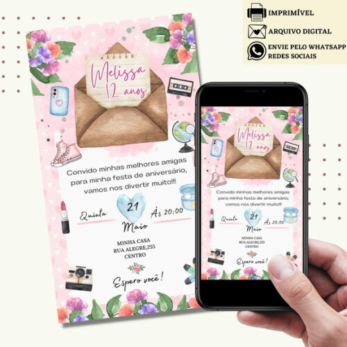 Convite Floral Flores Menina Boho Virtual Digital