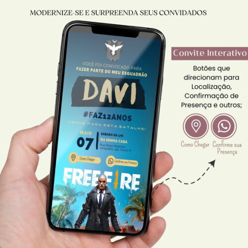 Convite Freefire Digital Interativo Virtual Menino