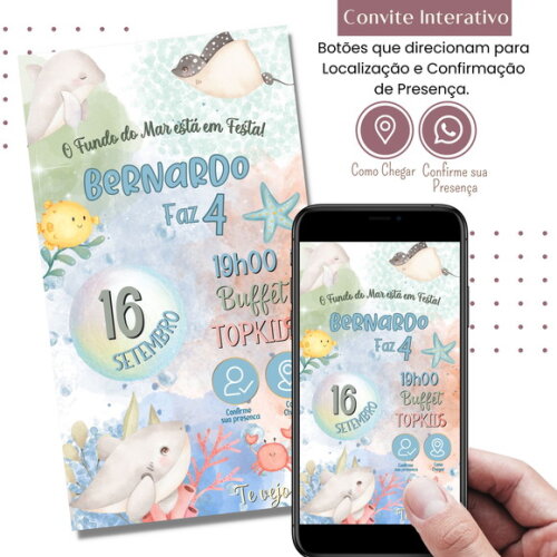 Convite Fundo do Mar Digital Aquarela Interativo Virtual