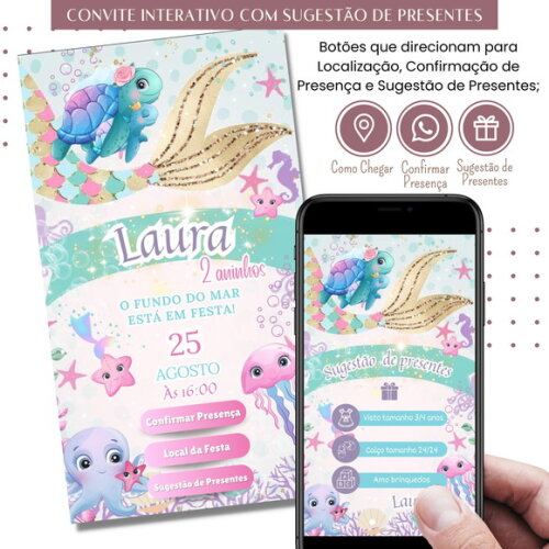 Convite Fundo do Mar Digital Interativo Sugestão de Presente
