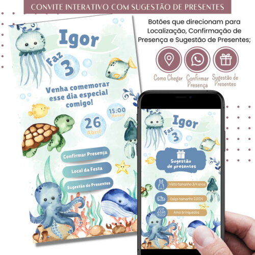 Convite Fundo do Mar Digital Interativo Sugestão de Presente