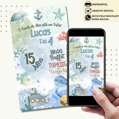 Convite Fundo do Mar Digital Aquarela Virtual