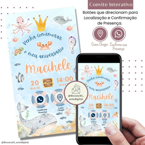 Convite Fundo do Mar Digital Interativo Virtual Aniversário