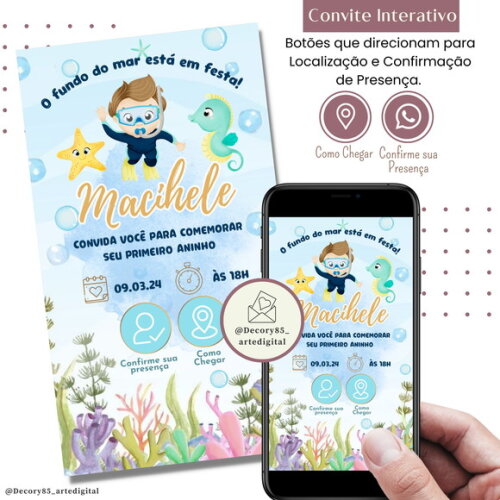 Convite Fundo do Mar Digital Interativo Virtual Menino