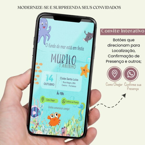 Convite Fundo do Mar Digital Interativo Virtual Aniversário