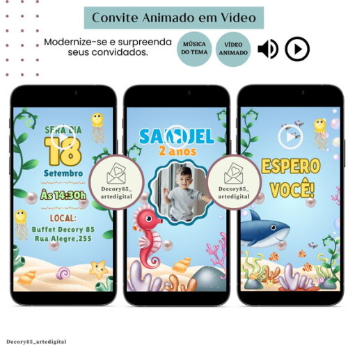 Convite Fundo do Mar em Vídeo Animado com Música Digital