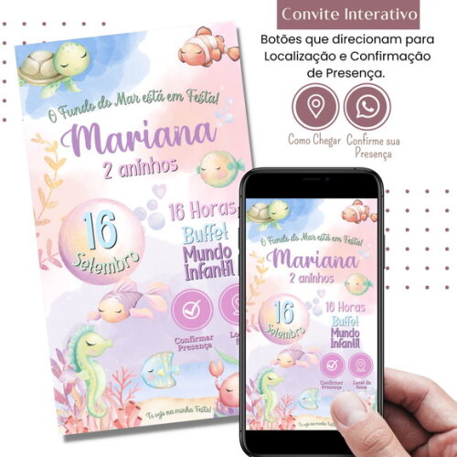 Convite Fundo do Mar Rosa Digital Interativo Virtual