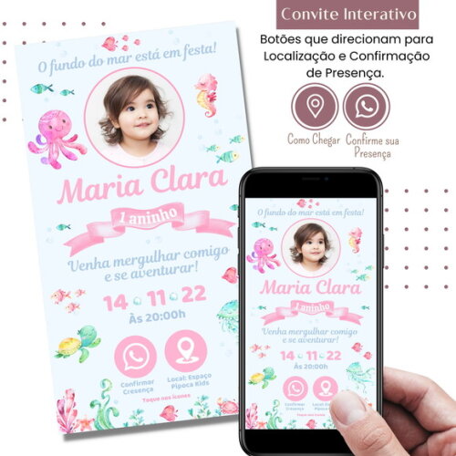 Convite Fundo do Mar Rosa Digital Interativo Virtual