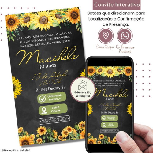 Convite Girassol Flores 15,20,30,40 Anos Digital Interativo