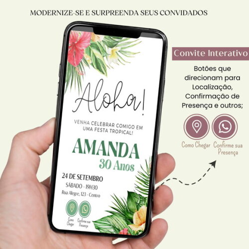 Convite Havai Tropical 15,20,30,40 Anos Digital Interativo