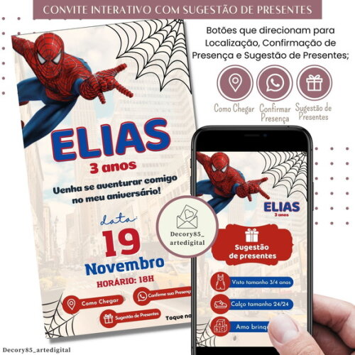 Convite Homem Aranha Spider Man Digital Sugestão de Presente