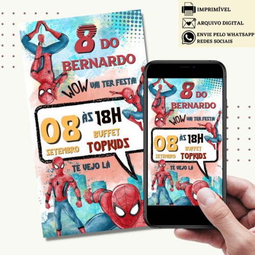 Convite Homem Aranha Spider Man Digital Virtual Aquarela