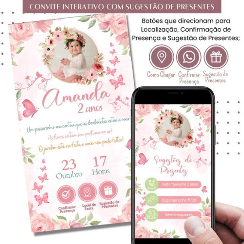 Convite Jardim Encantado Flores Digital Sugestão de Presente