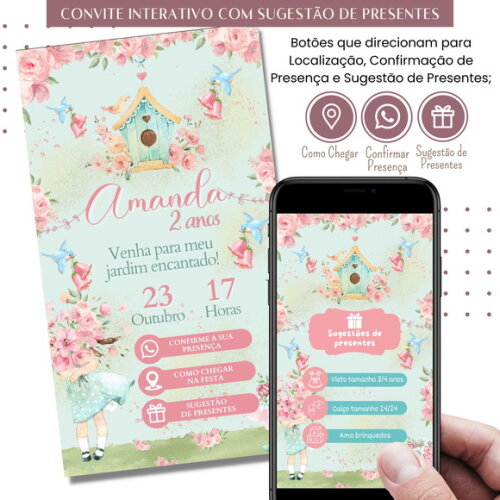 Convite Jardim Encantado Flores Digital Sugestão de Presente