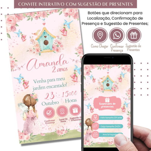 Convite Jardim Encantado Flores Digital Sugestão de Presente
