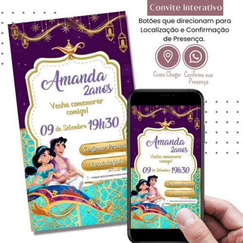 Convite Jasmine Aladdin Digital Interativo Virtual