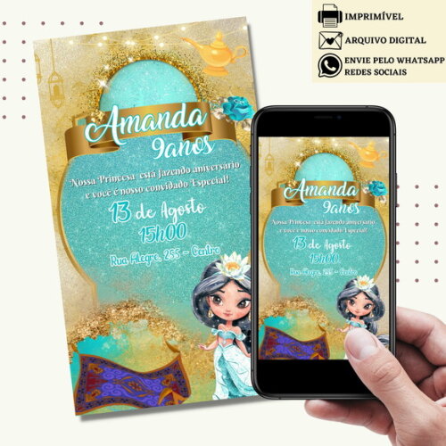 Convite Jasmine Aquarela Digital Virtual Princesa