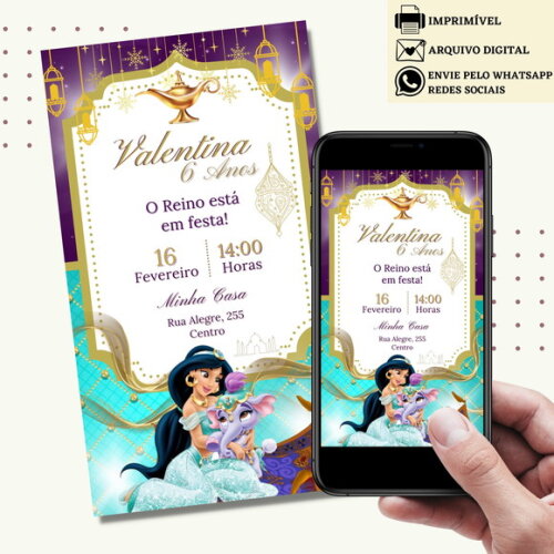 Convite Jasmine Digital Virtual Aniversário Princesa