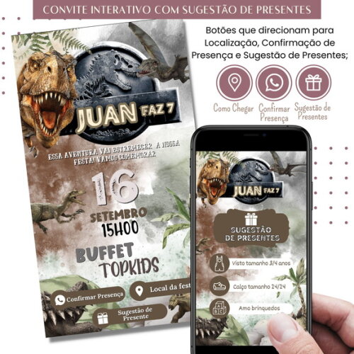 Convite Jurassic Park Dinossauros Sugestão de Presente