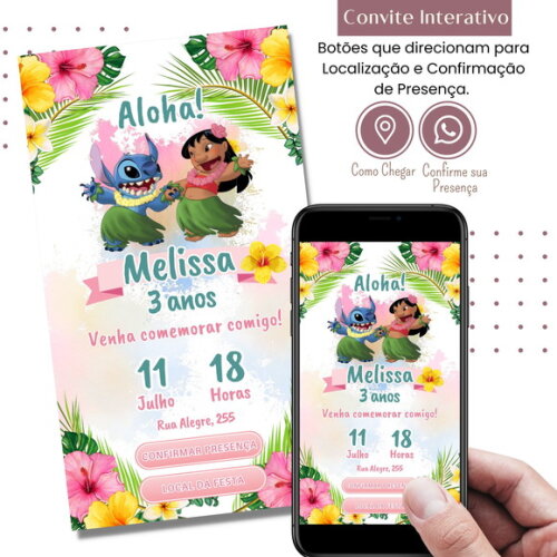 Convite Lilo & Stitch Digital Interativo Virtual