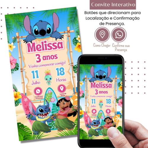 Convite Lilo & Stitch Digital Interativo Virtual