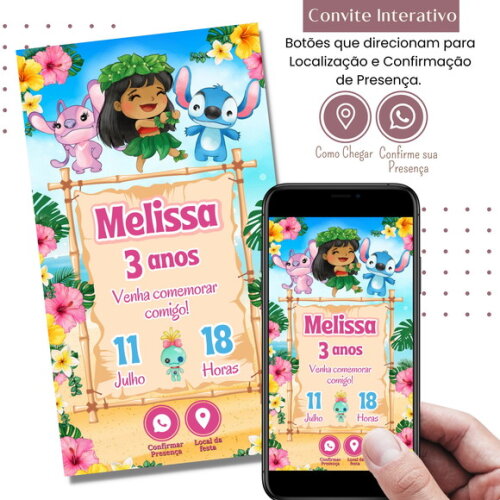 Convite Lilo & Stitch Digital Interativo Virtual