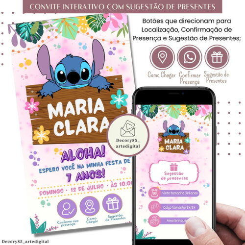 Convite Lilo & Stitch Digital Sugestão de Presente