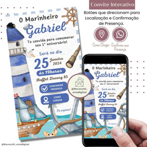 Convite Marinheiro Náutico Digital Interativo Virtual